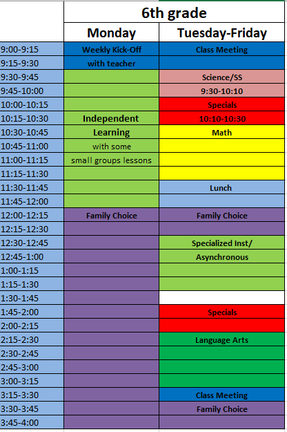 sixth grade schedule